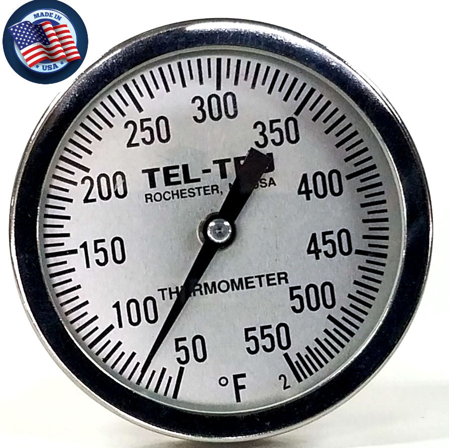 Tel-Tru BQ300 Barbecue Thermometer, 3 inch Aluminum Zoned dial, 2.5 inch  stem, 100/500 Degrees F