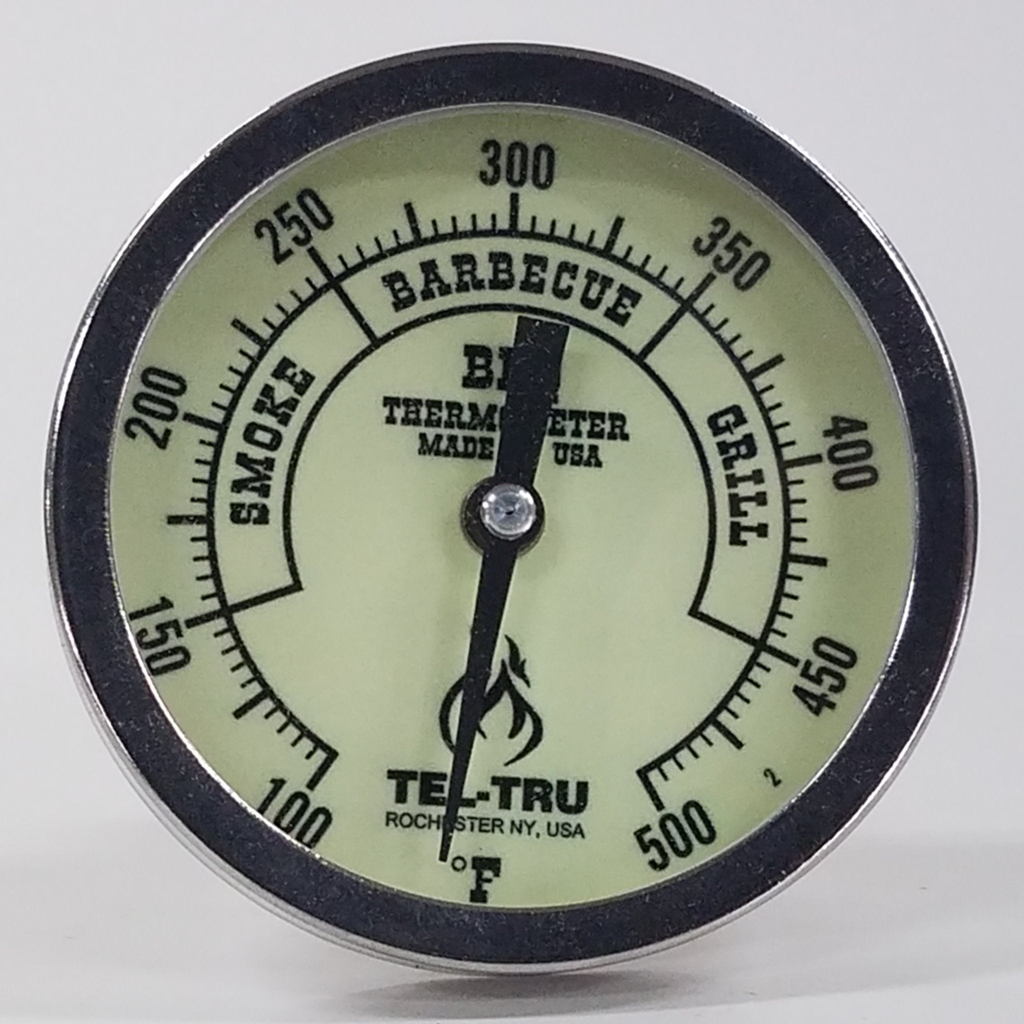 Tel-Tru BQ300 Barbecue Thermometer 3 inch Black Dial with Zones 2.5 inch Stem 100/500 Degrees F