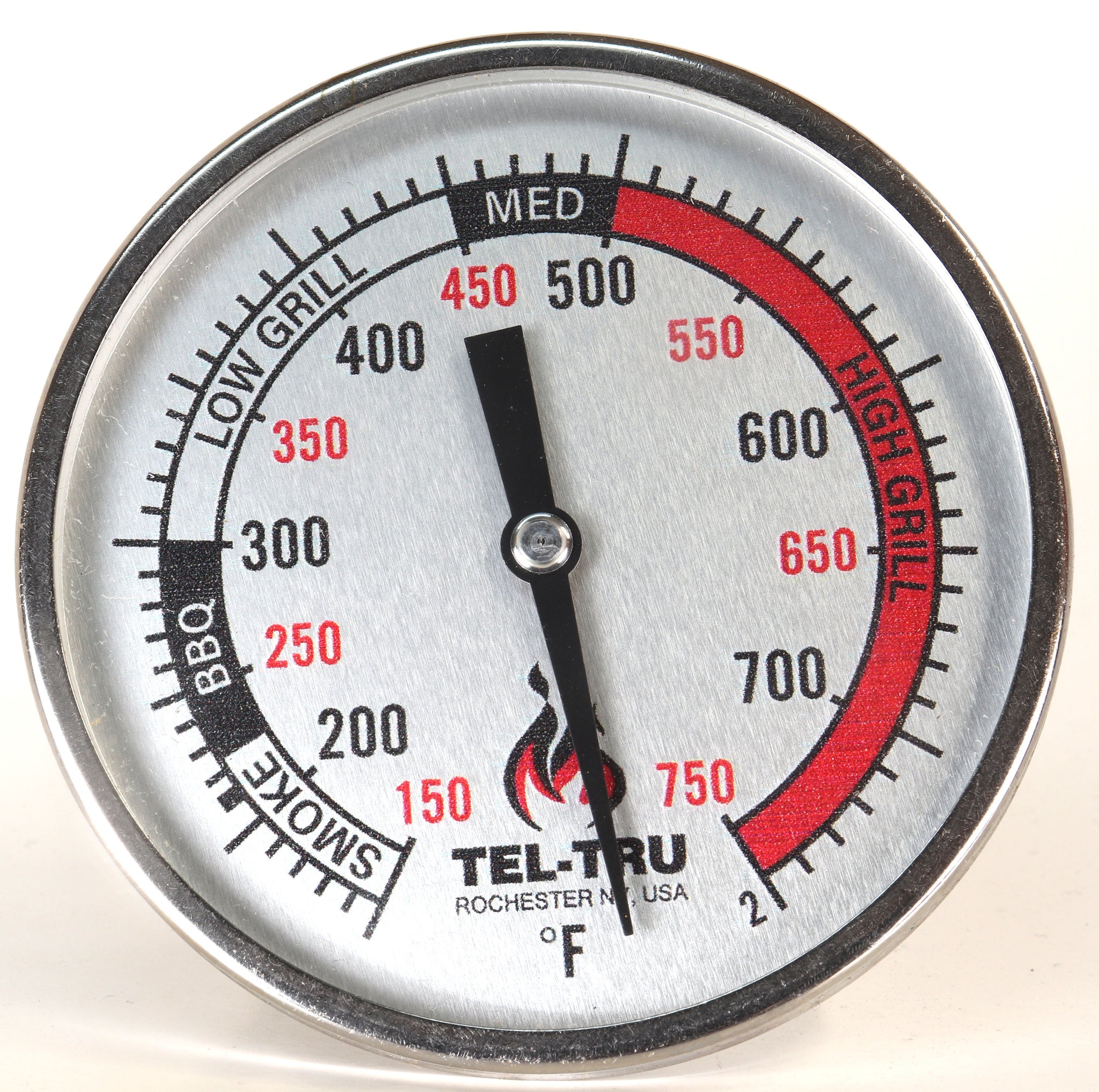 Tel-Tru BQ300 Barbecue Thermometer, 7.6cm zwarte wijzerplaat met zones, 10.2cm steel, 100/500 graden F Tel-Tru BQ300 Barbecue Thermometer, 7.6cm zwarte wijzerplaat met zones, 10.2cm steel, 100/500 graden F