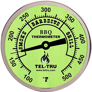 This is a 3" Tel Tru Glow in Dark BBQ Grill or Smoker Thermometer 100 500 art 6" Stem